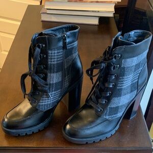 Elegant Black and Gray Plaid Heeled Boots